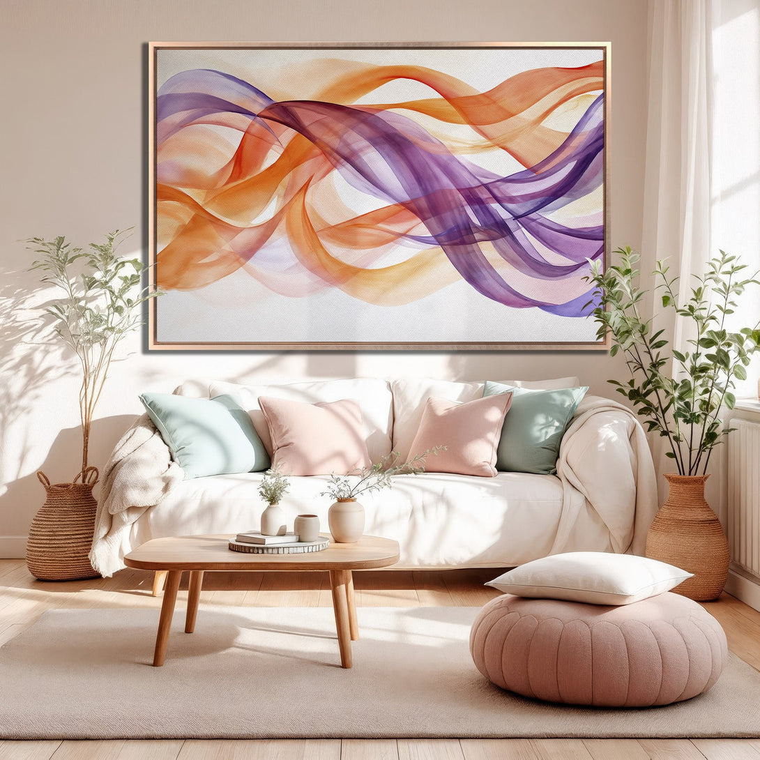 Framed Wall Art: Abstract watercolor print in warm orange and purple tones. Modern art canvas print adds a pop of color to any living room.