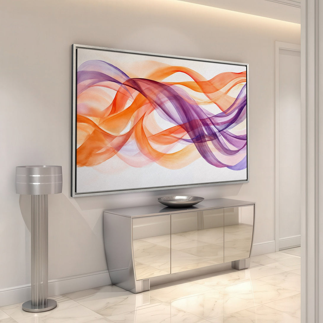 Framed Wall Art featuring abstract watercolor waves in orange and purple hues. Modern art canvas print adds a pop of color to any interior.