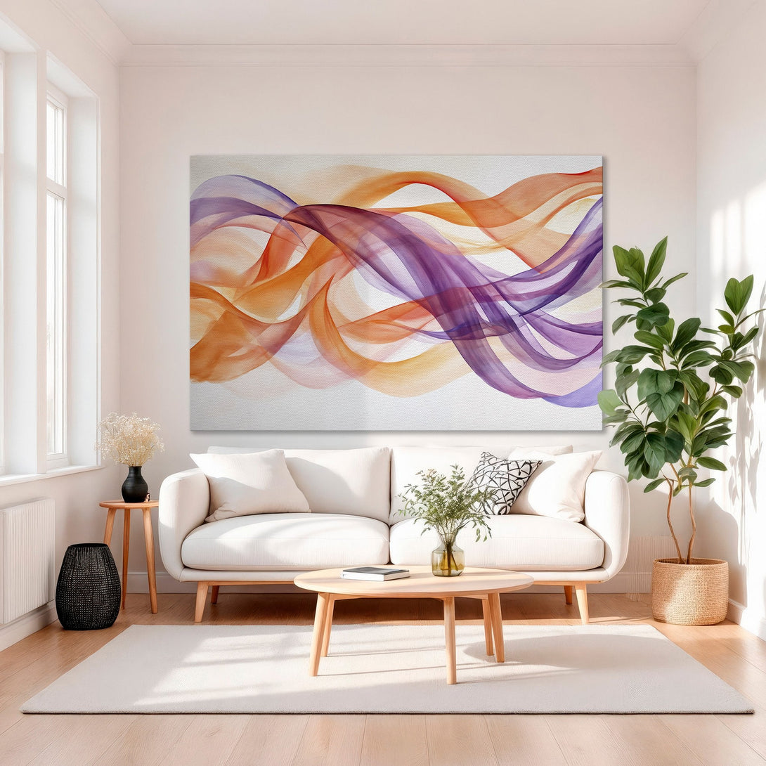 Framed Wall Art: Abstract flowing watercolor design in orange and purple hues. Modern art for living room decor.