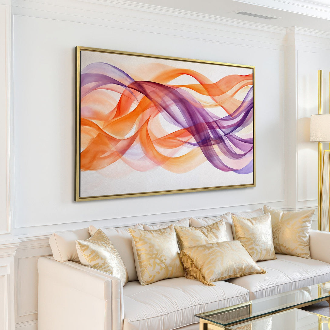 Abstract Canvas Print in a modern living room. Features flowing orange and purple shapes on a white background. Perfect wall art for any space!
