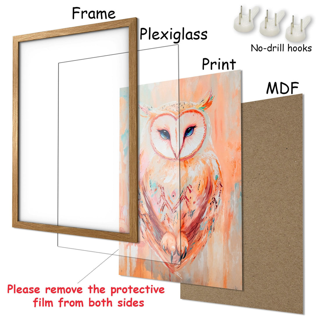 Framed Poster of an owl in an abstract style with a warm orange and blue color palette. Perfect wall art!