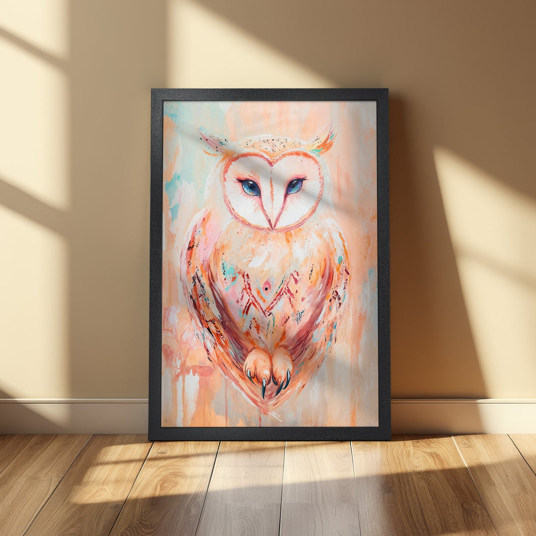 Framed Poster featuring an owl in an abstract style with a warm peach and teal color palette, perfect wall art.