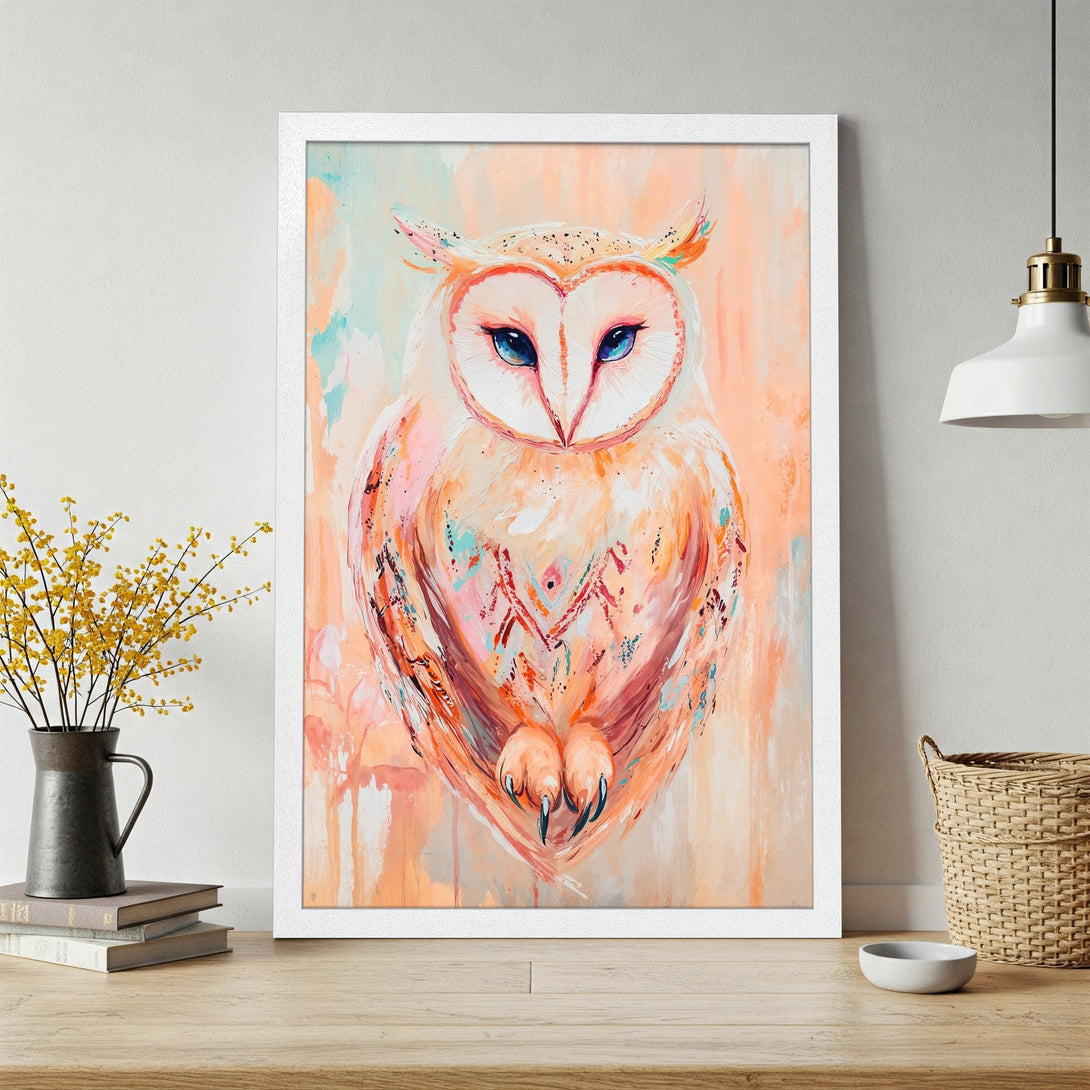 Framed Poster featuring a vibrant owl painting in watercolor style. Soft peach and blue color palette, perfect wall art for home decor.