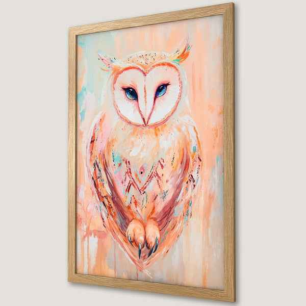 Framed Poster featuring a vibrant owl painting in a colorful, expressive style with a warm peach and blue palette. Perfect wall art!
