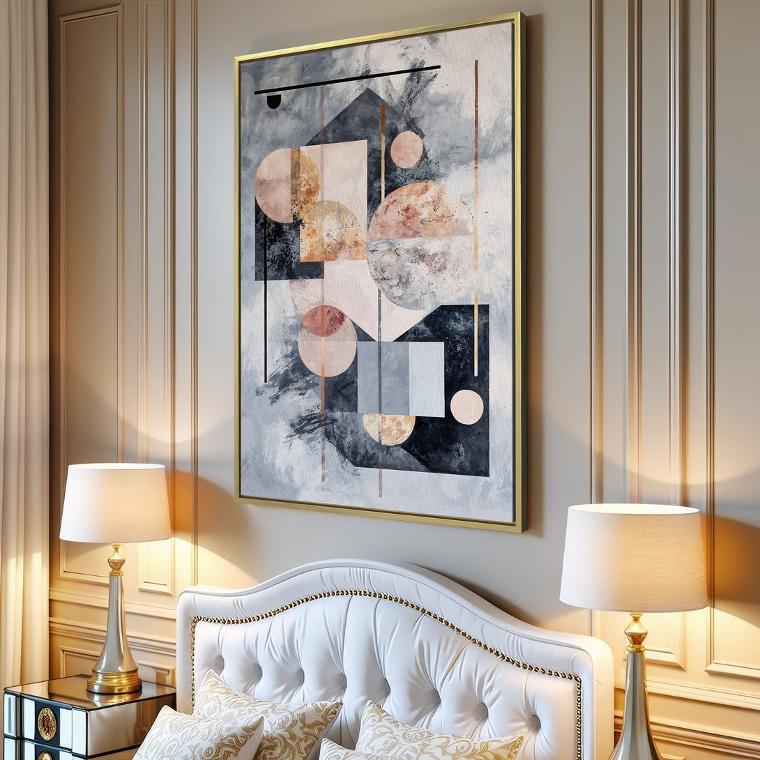 Abstract Canvas Print in neutral tones. Modern wall art with geometric shapes and a calming color palette of gray, blush, and gold. Perfect home decor.