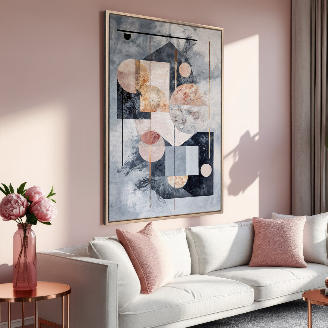 Framed Wall Art: Abstract geometric canvas print in blush, gray, and gold tones. Modern art for living room decor.