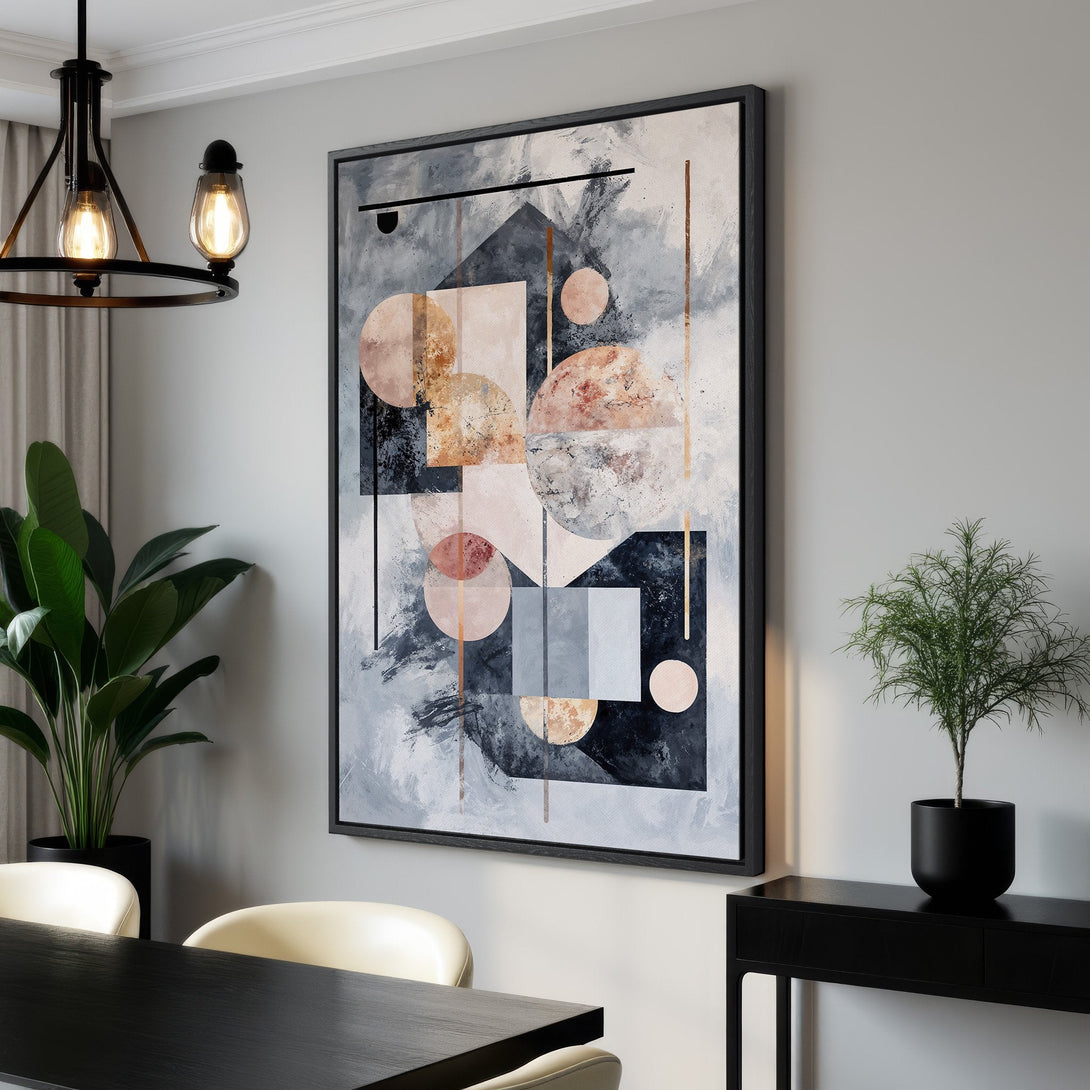 Framed Wall Art: Modern abstract Canvas Print with geometric shapes in a muted color palette of grays, blush, and black. Perfect for a contemporary interior.