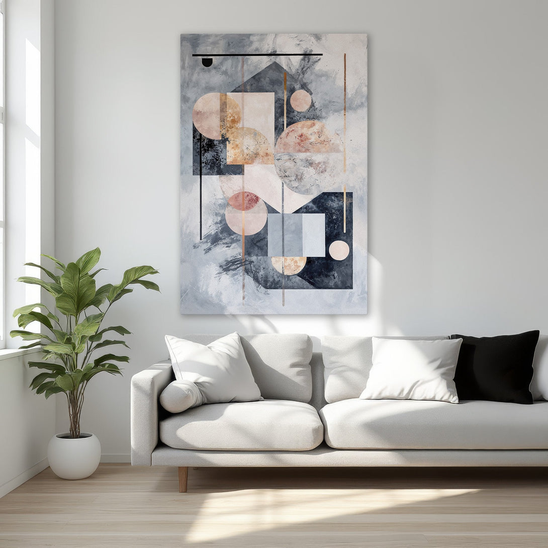 Framed Wall Art: Abstract geometric art in a modern style with a neutral color palette of gray, blush, and black. Perfect for bedroom decor.