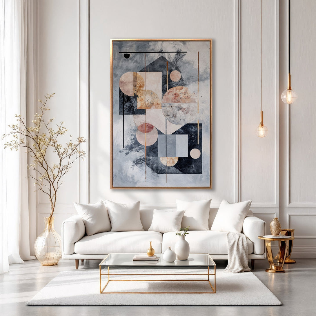 Framed Wall Art: Abstract geometric art in neutral tones. Modern canvas print adds a touch of elegance to a minimalist living room. Shop now!