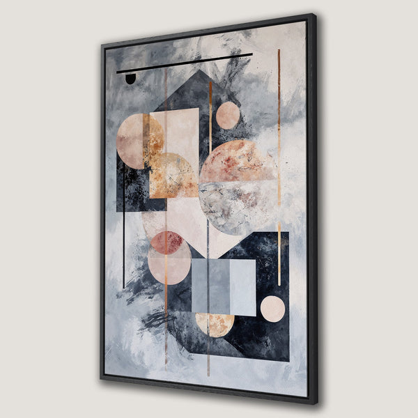 Framed Wall Art: Abstract geometric canvas print in muted blue, blush, and gold tones. Modern art for your home decor.