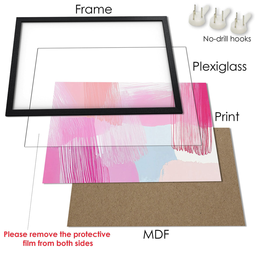 Framed Poster featuring abstract art in pink, peach, and blue hues. Modern art print for home decor.