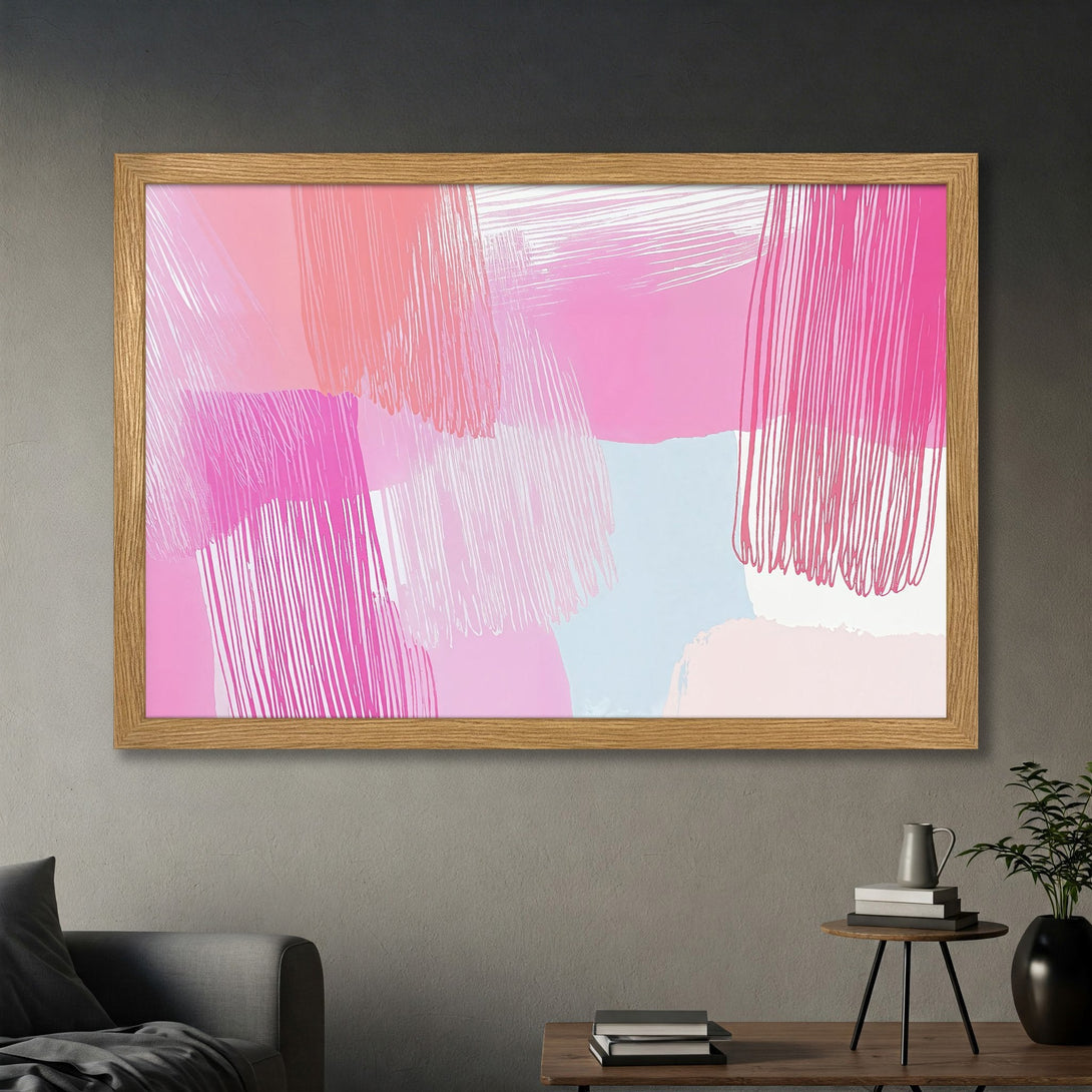 Framed Poster featuring abstract art in pink and peach hues. Modern style, perfect for adding a pop of color to any space.