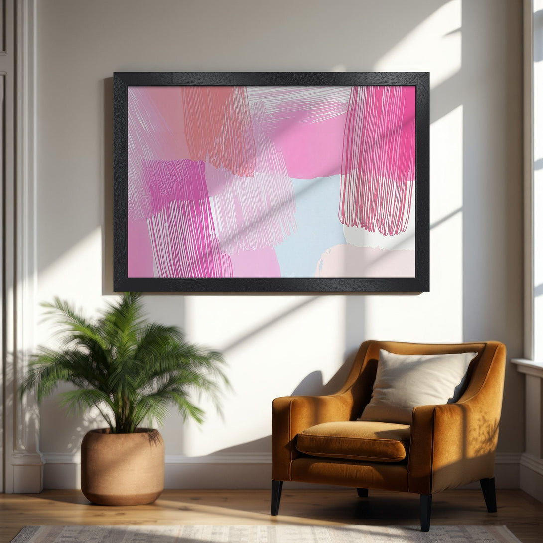 Framed Poster featuring abstract art in a pink and peach color palette. Modern art print perfect for any space.