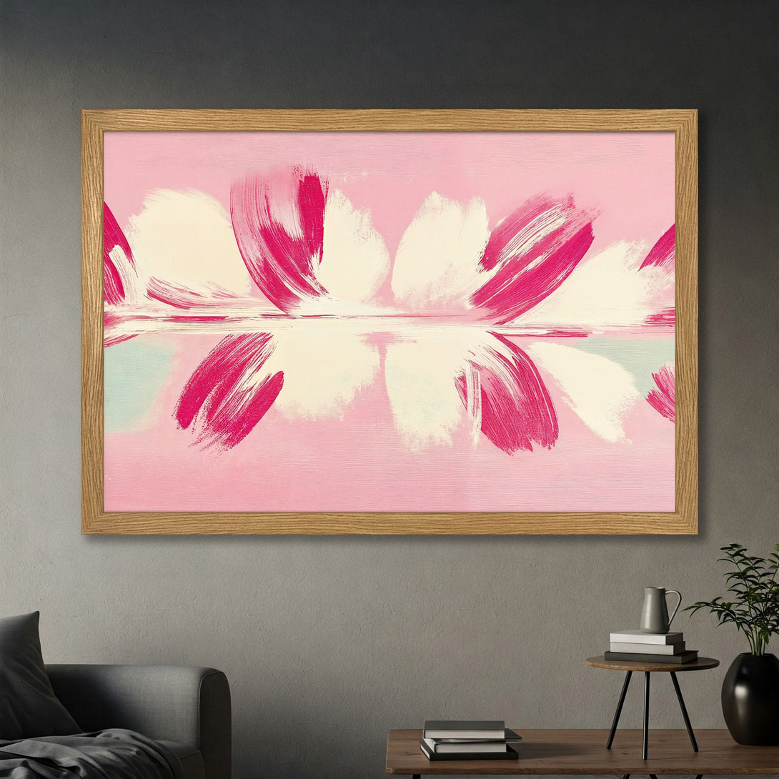 Framed Poster featuring abstract floral art in pink and cream hues. Modern style, perfect for adding a touch of art to your space.