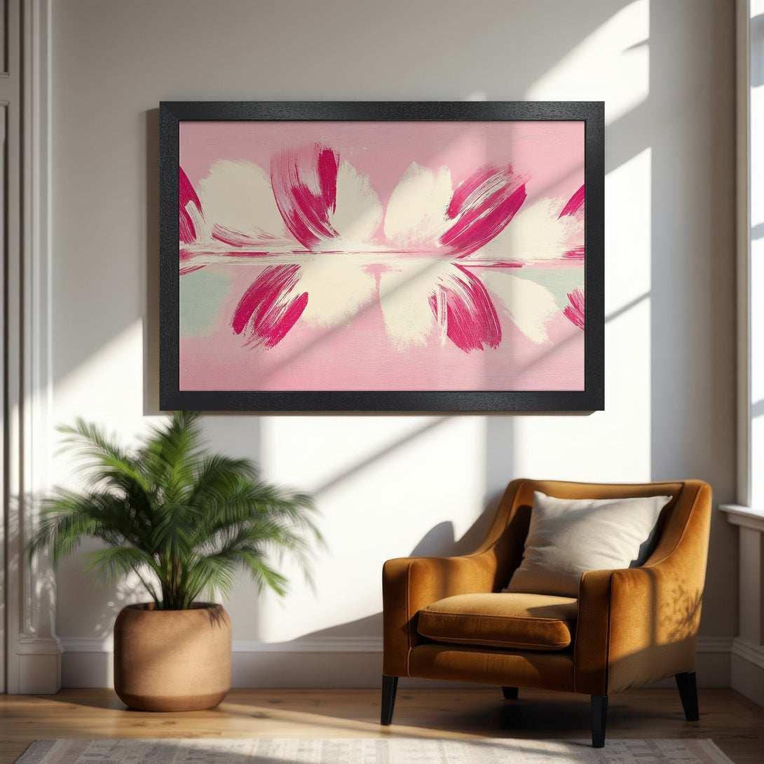 Framed Poster of abstract floral art in pink and white. Modern style, perfect for home decor.