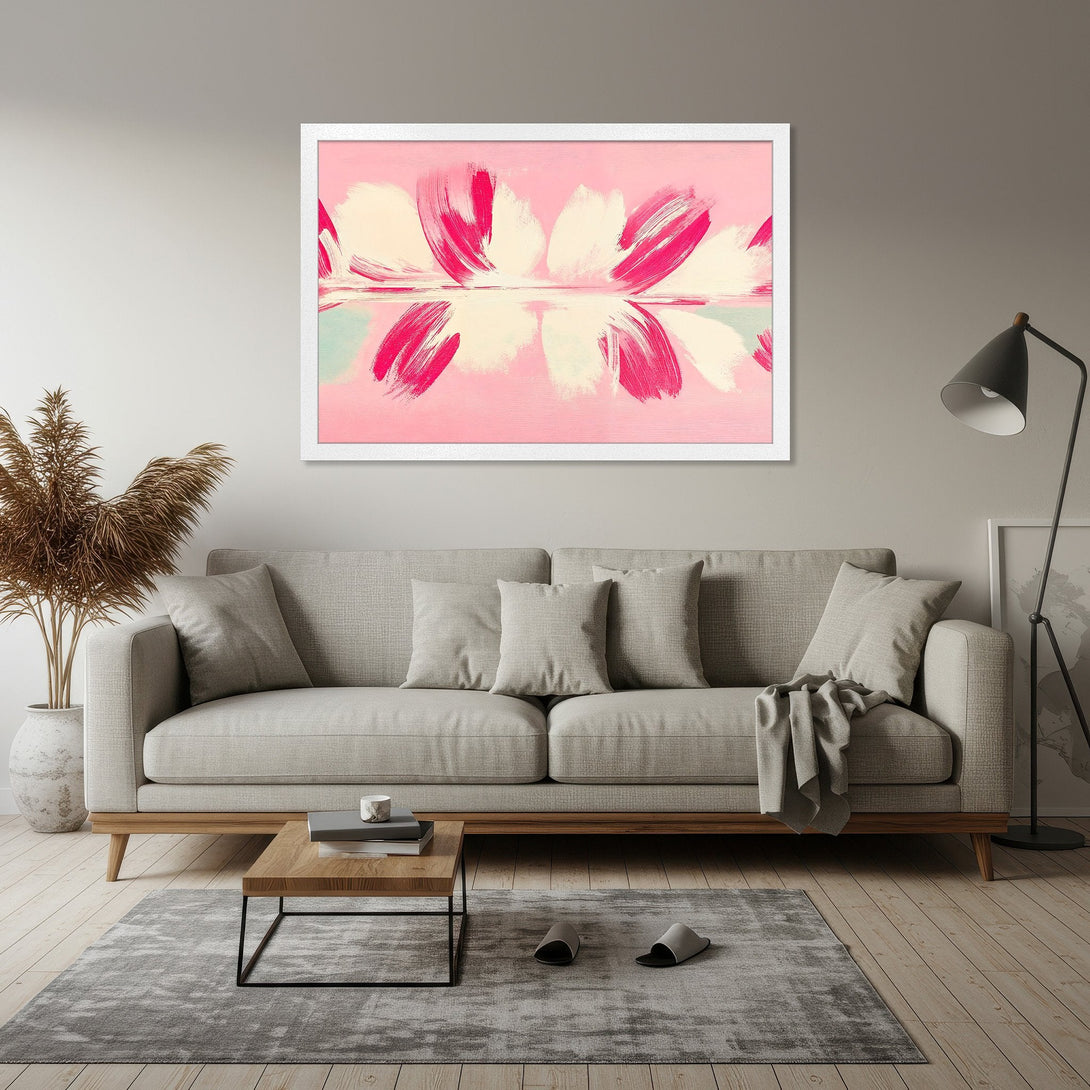 Framed Poster featuring abstract floral art in pink and cream hues, perfect for modern home decor.