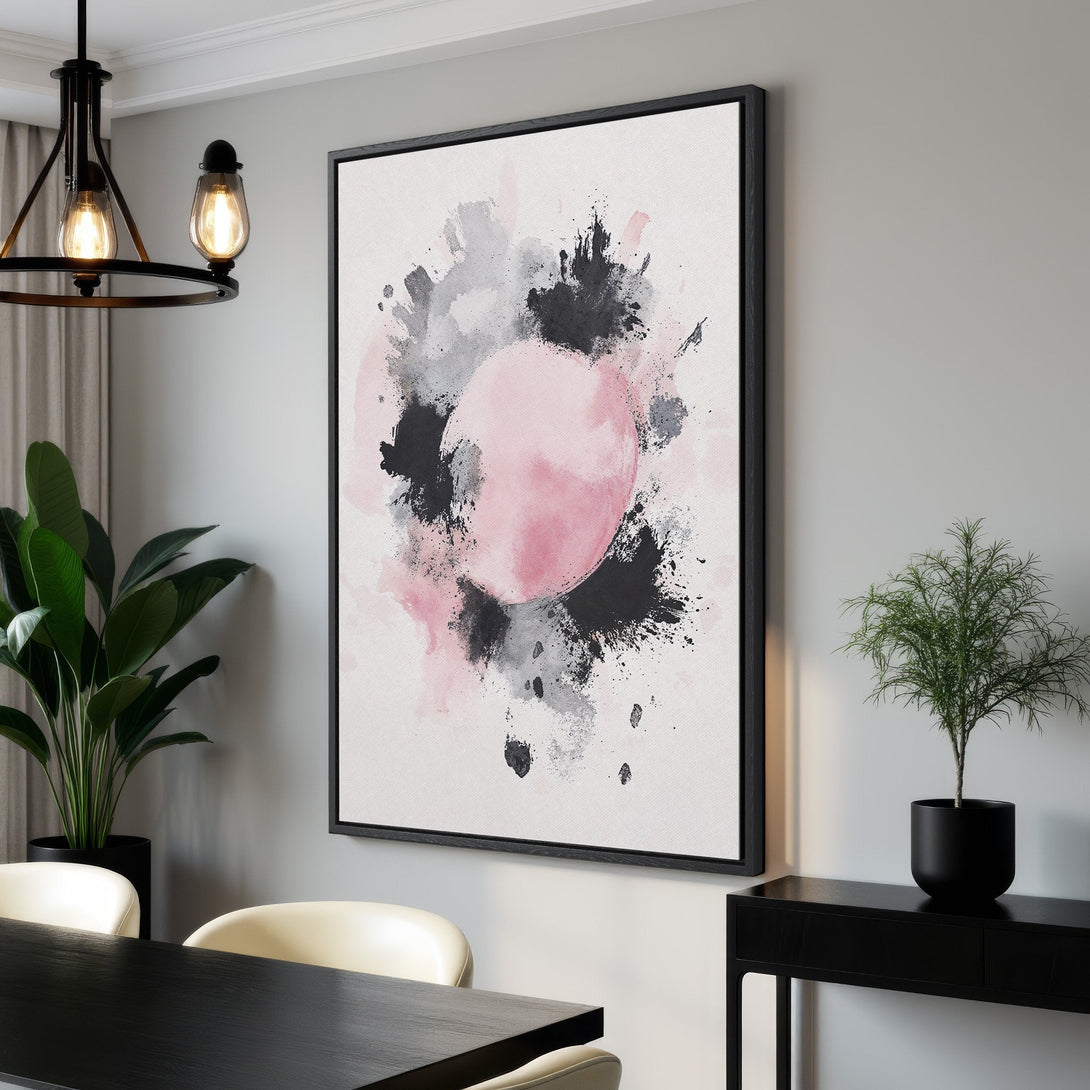 Framed Wall Art: Abstract pink, black, and gray watercolor Canvas Print. Modern art for home decor, perfect for living rooms and bedrooms. Shop now!