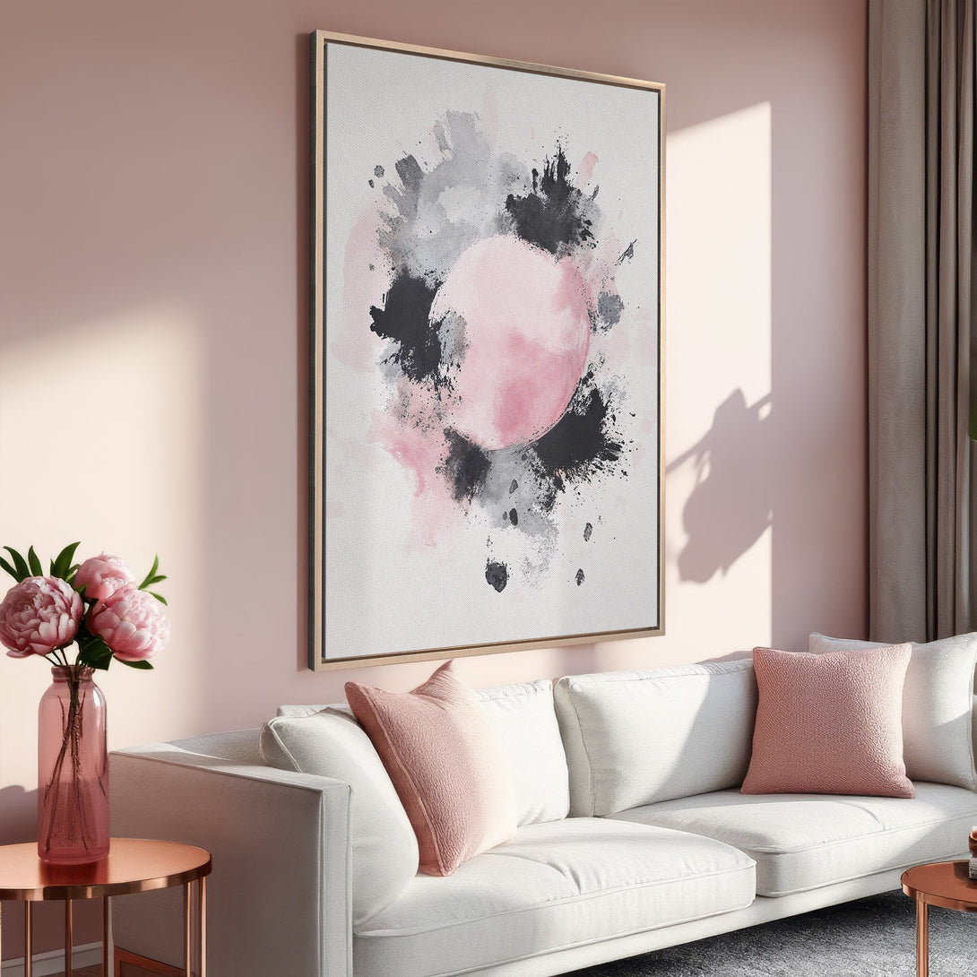 Framed Wall Art: Abstract pink, black, and gray watercolor art print. Modern decor in a blush and neutral color palette. Perfect for living room or bedroom.