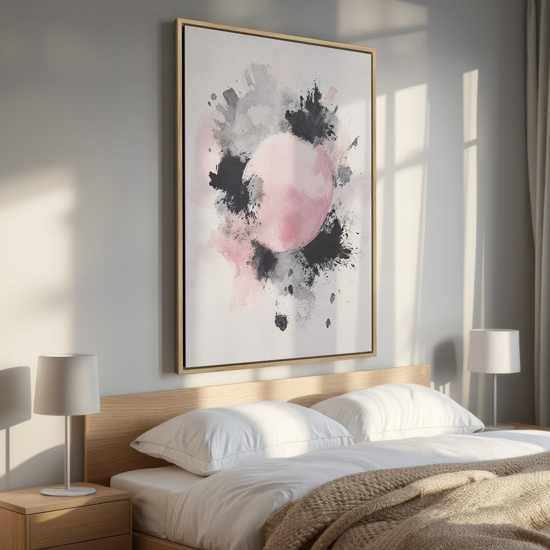 Framed Wall Art: Abstract watercolor art in pink, black, and gray, displayed in a bedroom setting. Modern style, neutral color palette.