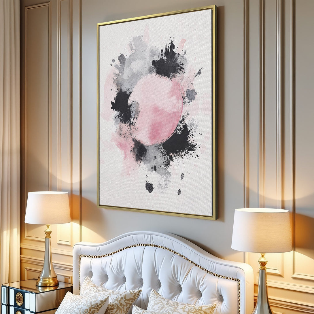 Abstract Canvas Print with pink, gray, and black watercolor design. Modern wall art perfect for living room decor.