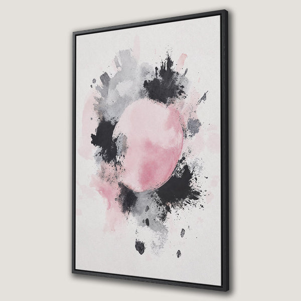 Framed Wall Art featuring an abstract watercolor design with pink, black, and gray splashes. Modern art Canvas Print for home decor.