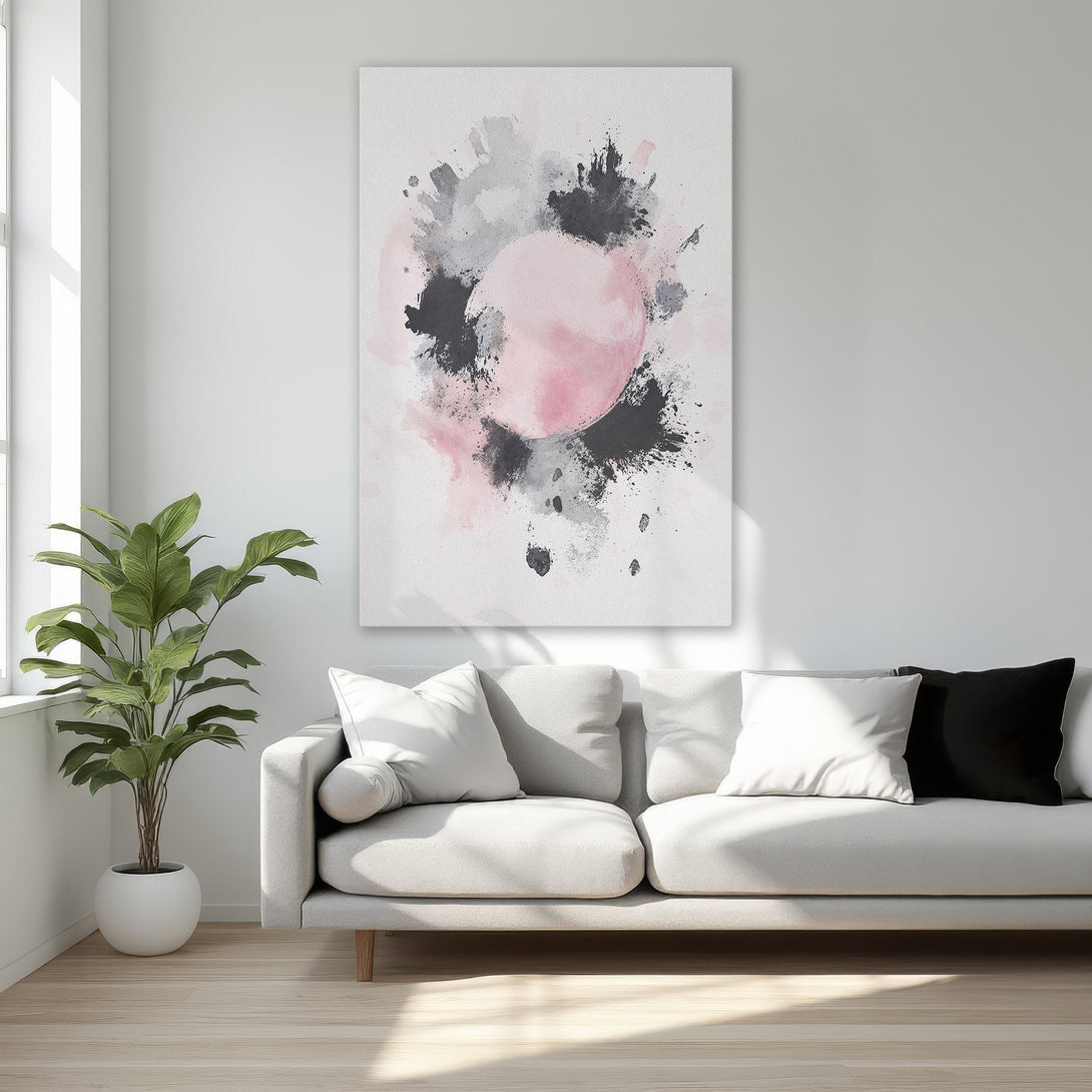 Framed Wall Art: Abstract watercolor canvas print in pink, black, and gray. Modern art for bedroom decor. Enhance your space with this stylish piece.
