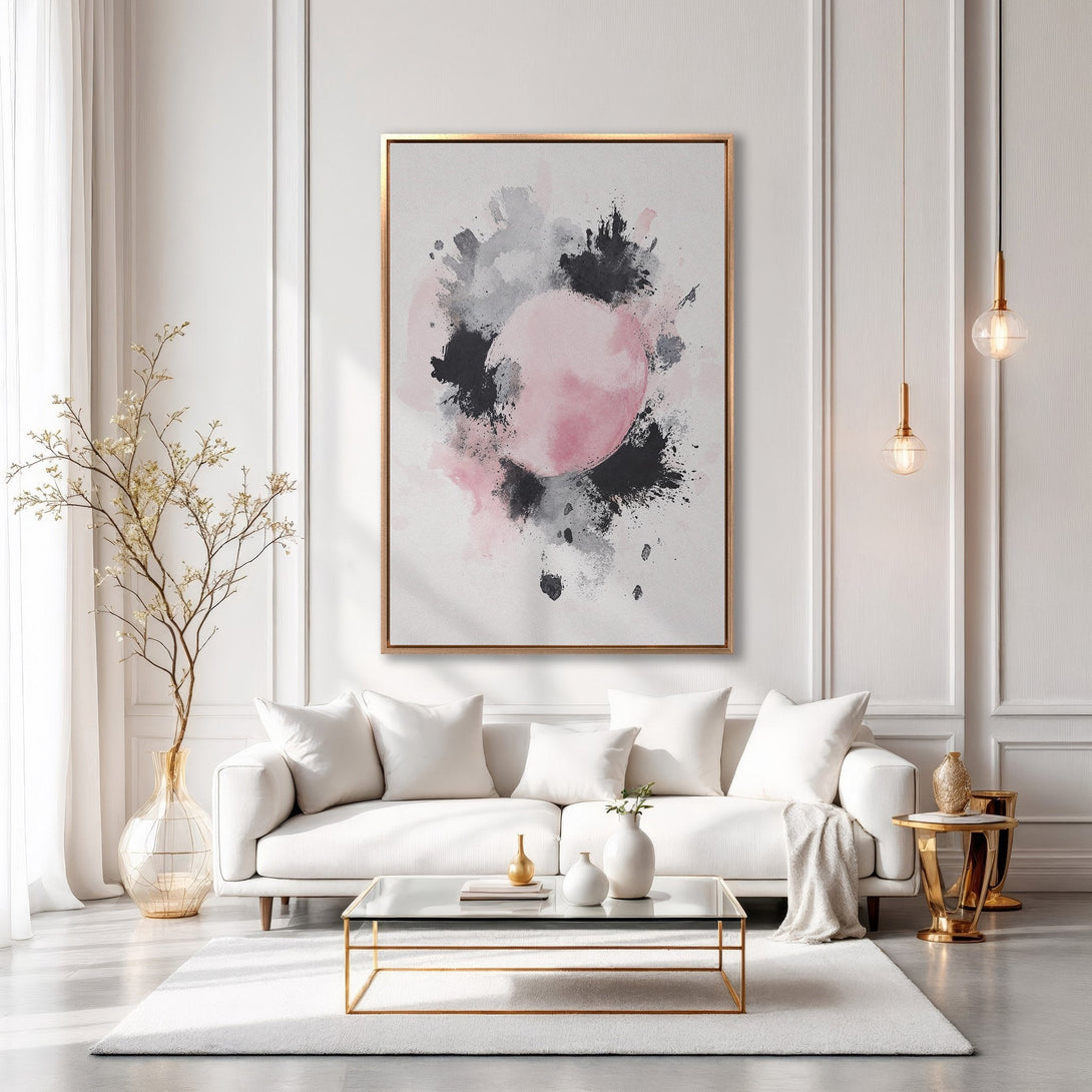 Framed Wall Art: Abstract pink, black, and gray watercolor art. Modern canvas print in a stylish living room with a neutral color palette.