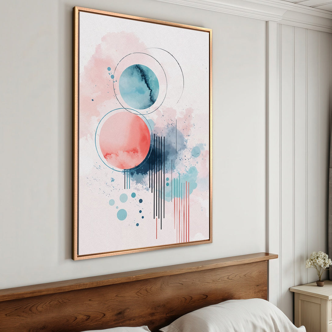 Framed Wall Art featuring abstract watercolor circles in pink, blue, and navy. Modern art print to elevate any space with a calming color palette.