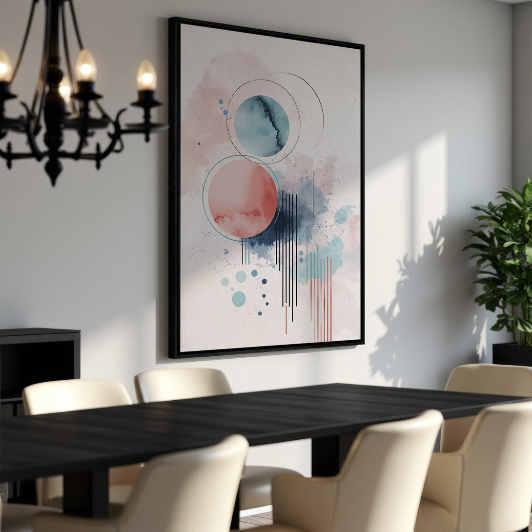 Framed Wall Art featuring an abstract watercolor design in blush, teal, and navy. Modern art for your dining room.
