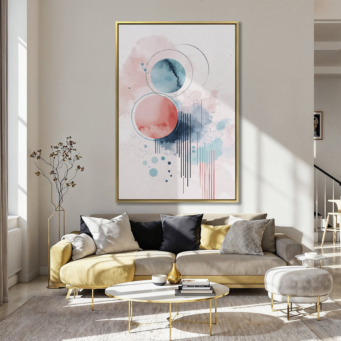 Abstract Canvas Print in modern style, featuring watercolor circles in pinks and blues. Perfect wall art for a stylish home.