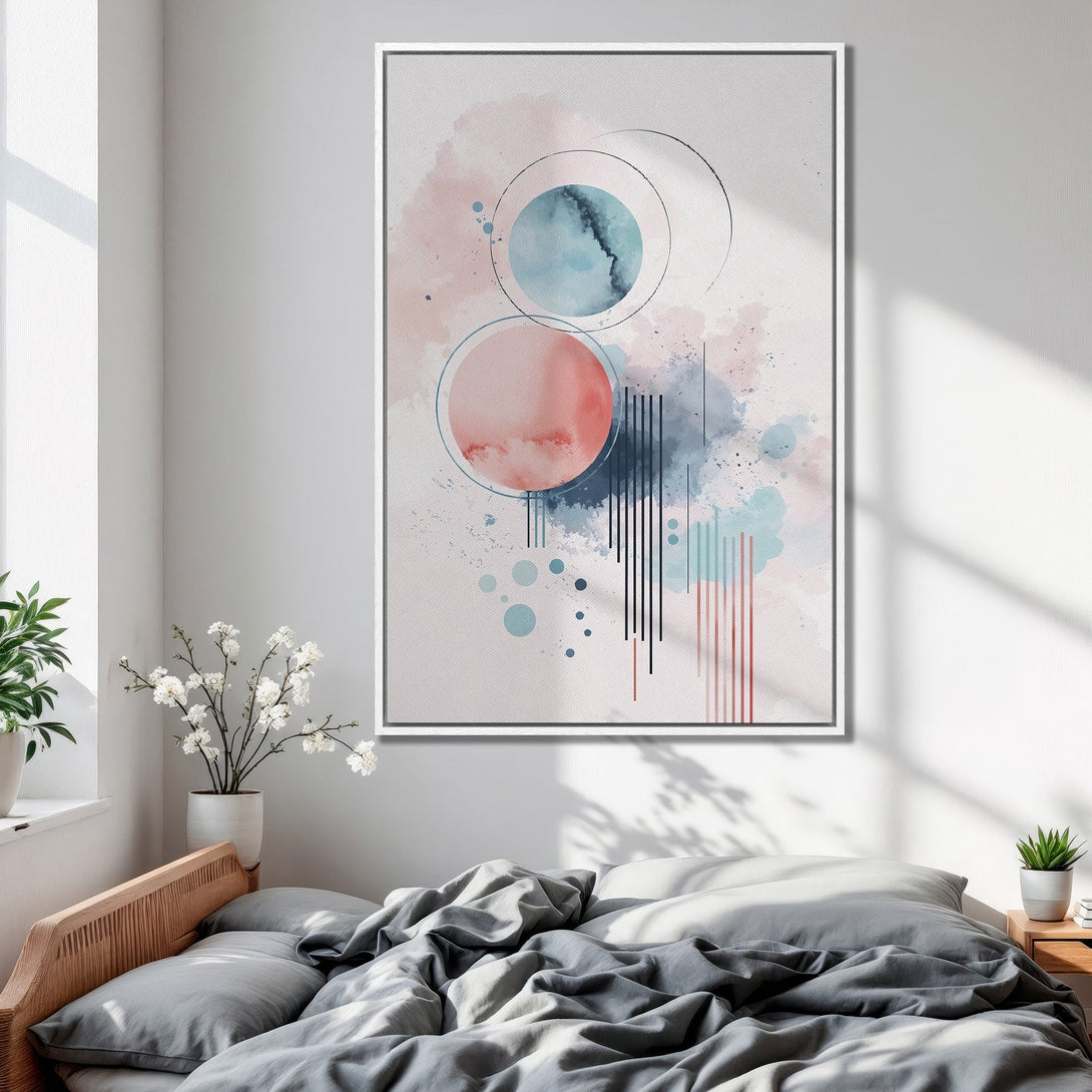 Framed Wall Art featuring abstract watercolor circles in a soft pink and blue palette. Modern art for bedroom decor.