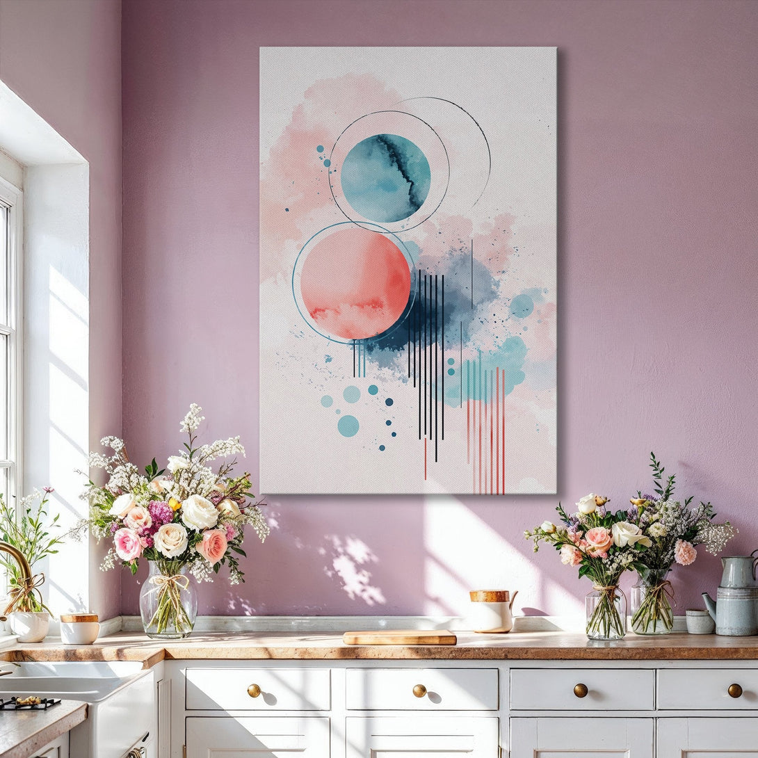Framed Wall Art: Abstract watercolor circles in pinks, blues, and black. Modern art print for living room decor.