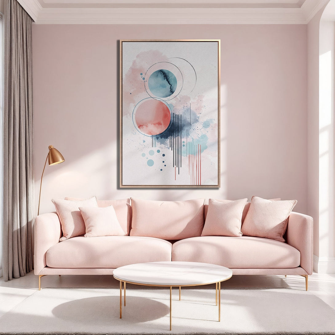 Framed Wall Art in a modern interior. Abstract watercolor art with pink, blue, and gold tones. Enhance your space with this stylish Canvas Print.