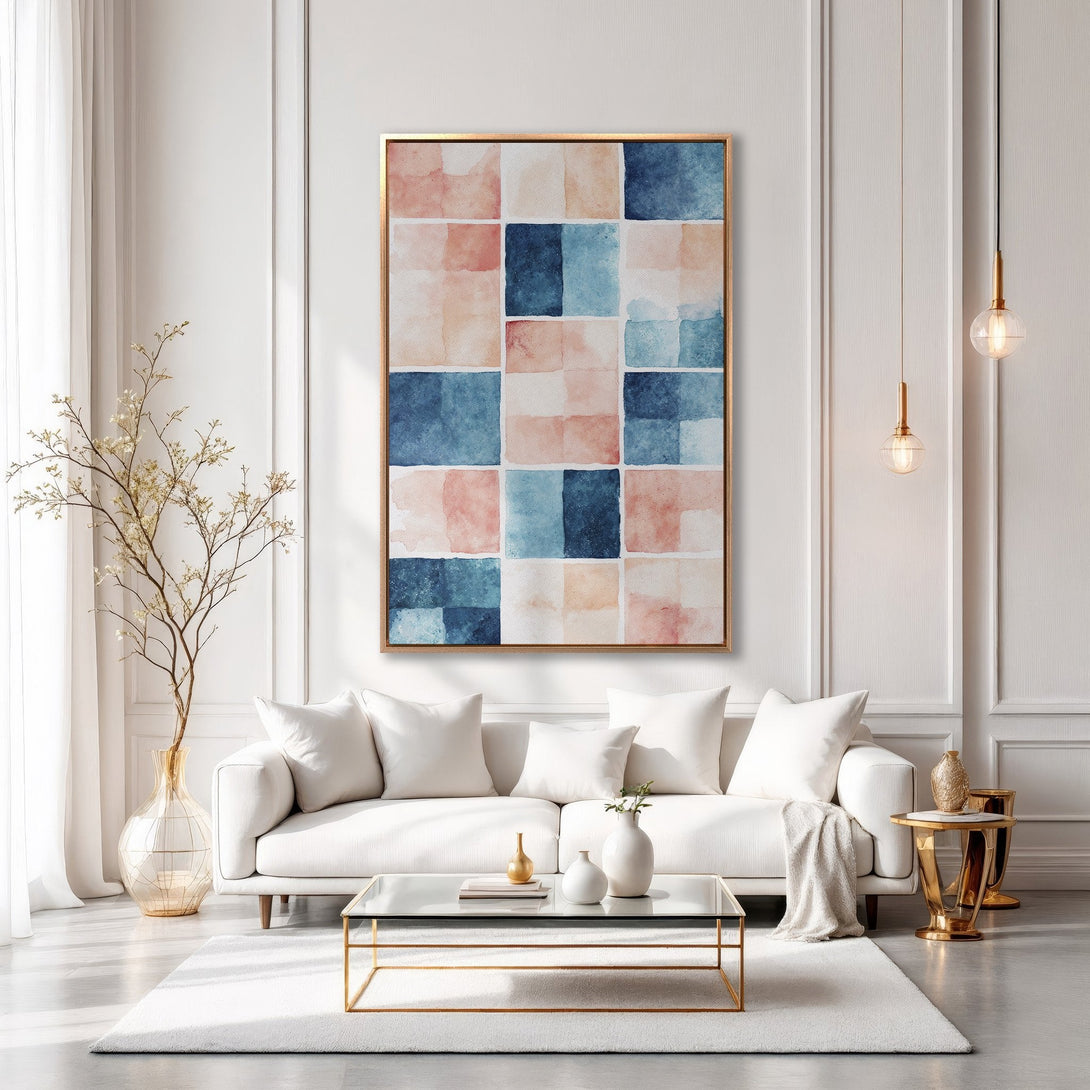 Framed Wall Art: Abstract watercolor painting in blush, blue, and neutral tones. Stylish living room decor with a modern color palette.