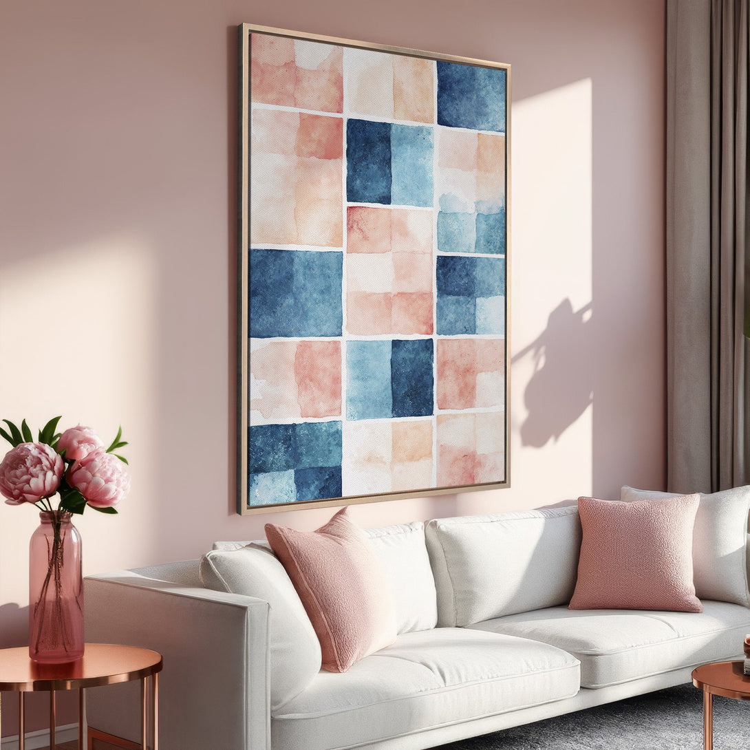 Framed Wall Art featuring a watercolor abstract design in blue and peach hues, perfect for adding a touch of modern elegance to any space.