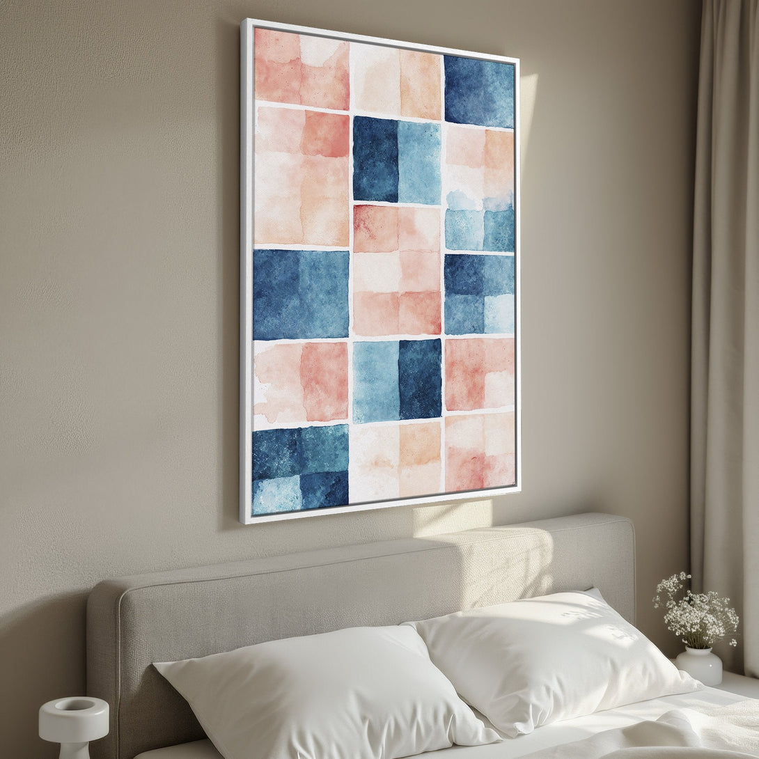Framed Wall Art: Abstract watercolor print in blush pinks and blues. Modern art for bedroom decor. Enhance your space with this beautiful canvas print!