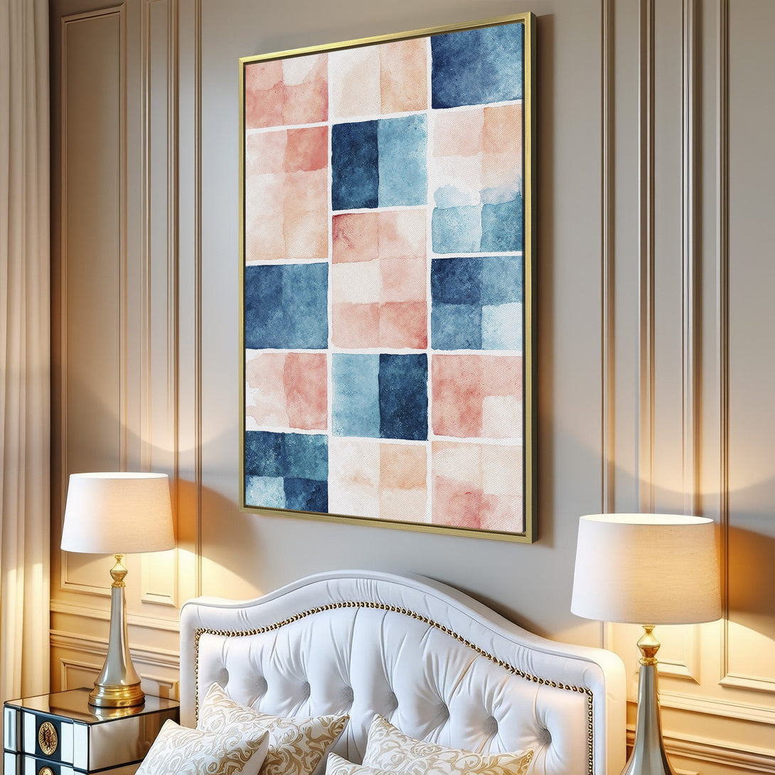 Canvas Print of abstract watercolor art in a modern interior. Features a blush, blue, and neutral color palette. Perfect for adding a touch of elegance.