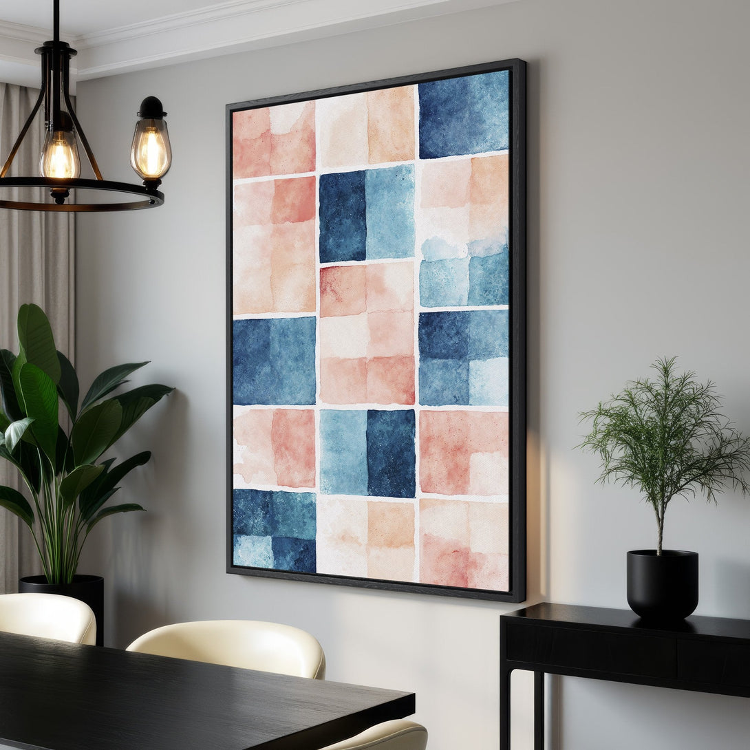 Framed Wall Art: Abstract watercolor print in a modern dining room. Features a geometric design in blue, blush, and neutral tones. Elevate your space with this art!