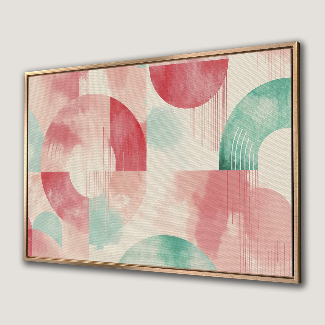 Framed Wall Art: Abstract geometric design in pink, teal, and cream watercolor style. Modern art for your home! Shop now for unique wall decor.