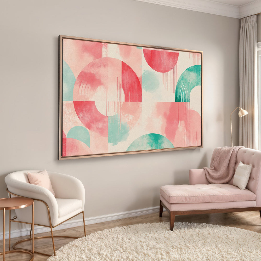 Framed Wall Art: Abstract watercolor art in pink, teal, and beige. Modern geometric design adds a pop of color to any living room. Shop now!