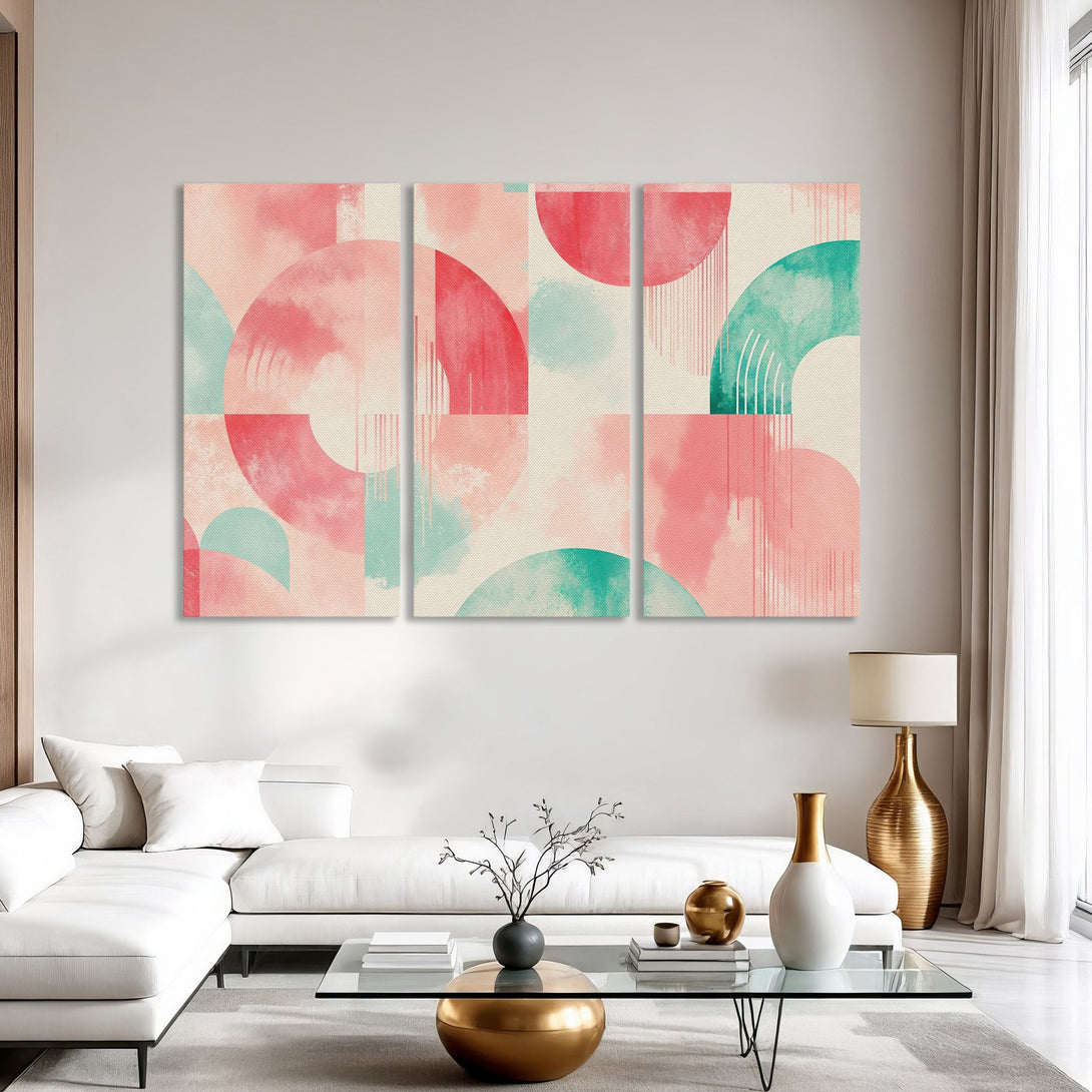 Abstract Canvas Print featuring geometric shapes in pink and teal watercolor style, perfect for modern home decor.