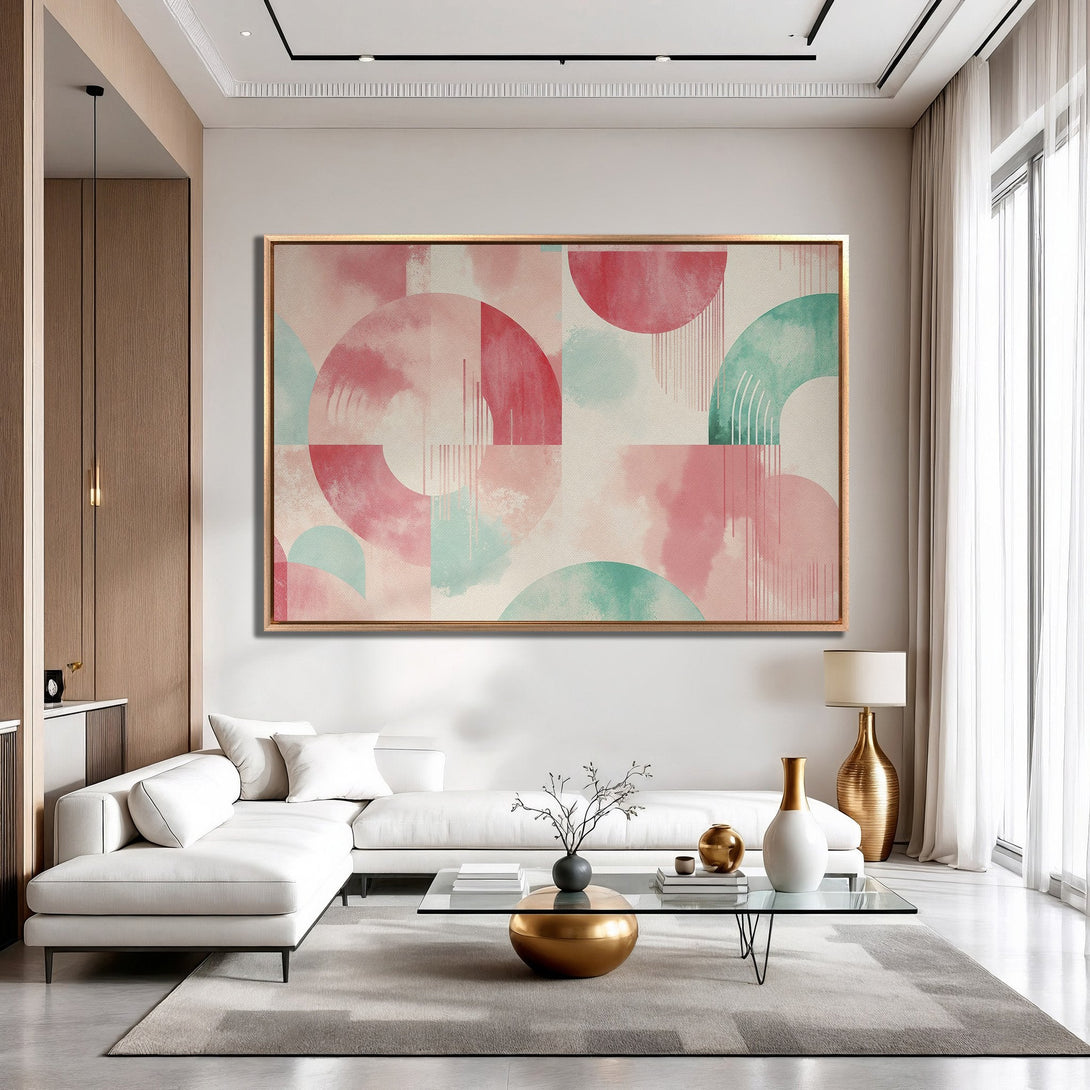 Framed Wall Art: Abstract geometric design in pink and teal. Modern art canvas print adds a pop of color to any living room.