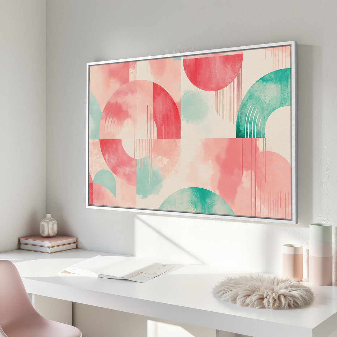 Framed Wall Art: Abstract geometric Canvas Print in pink, teal, and beige. Modern art for a stylish interior.