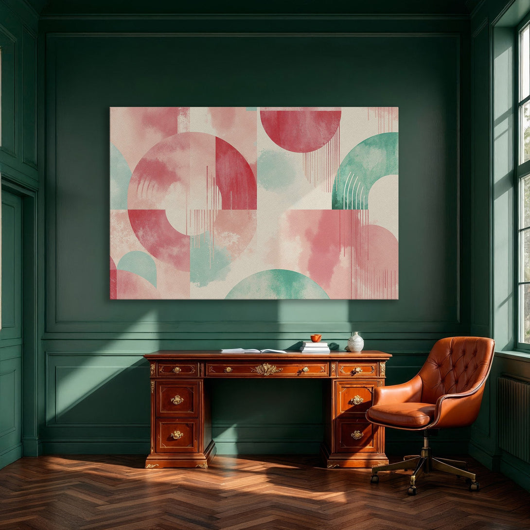 Framed Wall Art: Abstract watercolor painting in pink, teal, and beige. Modern art canvas print for dining room decor.