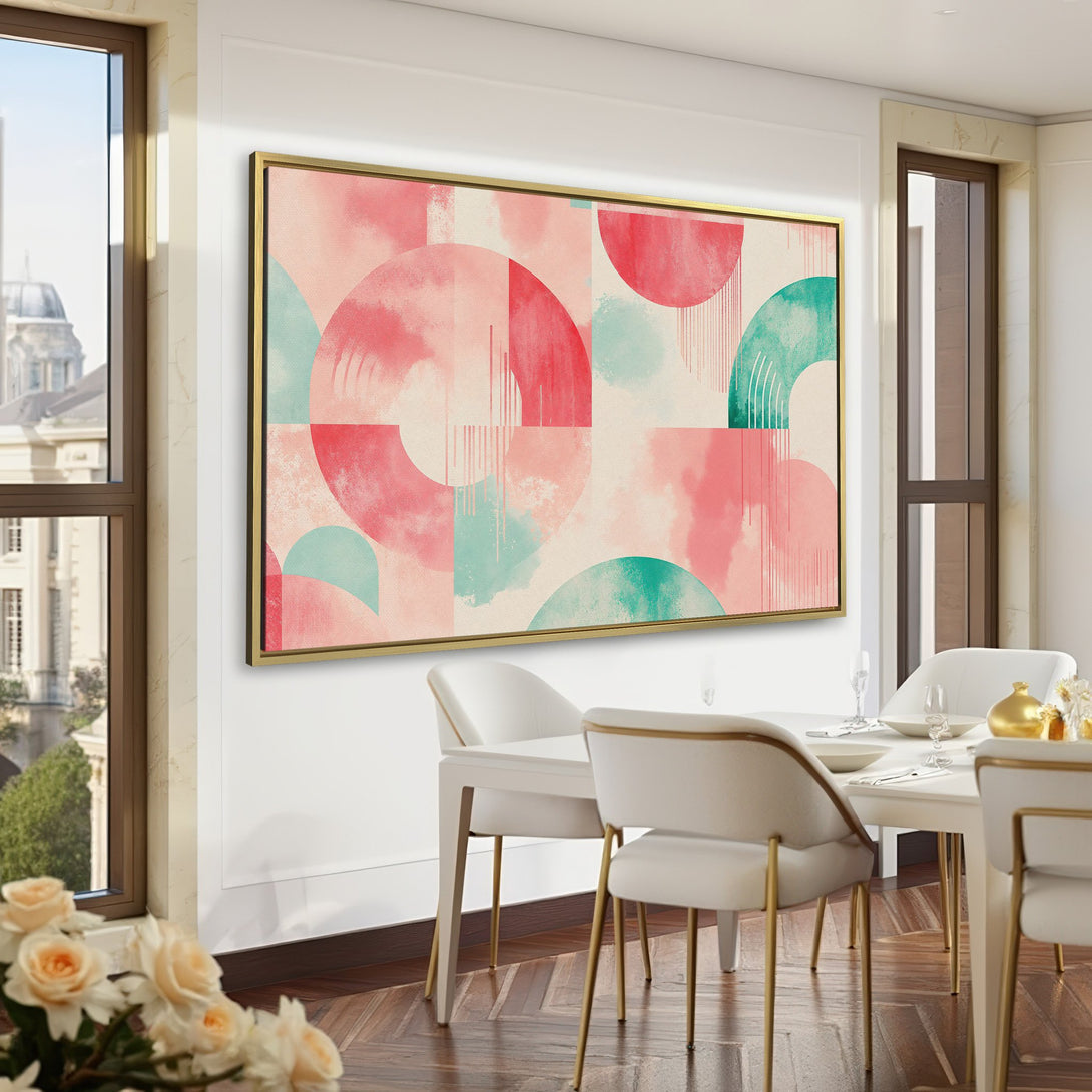 Abstract Canvas Print with pink, teal, and cream geometric shapes. Modern art for your home.