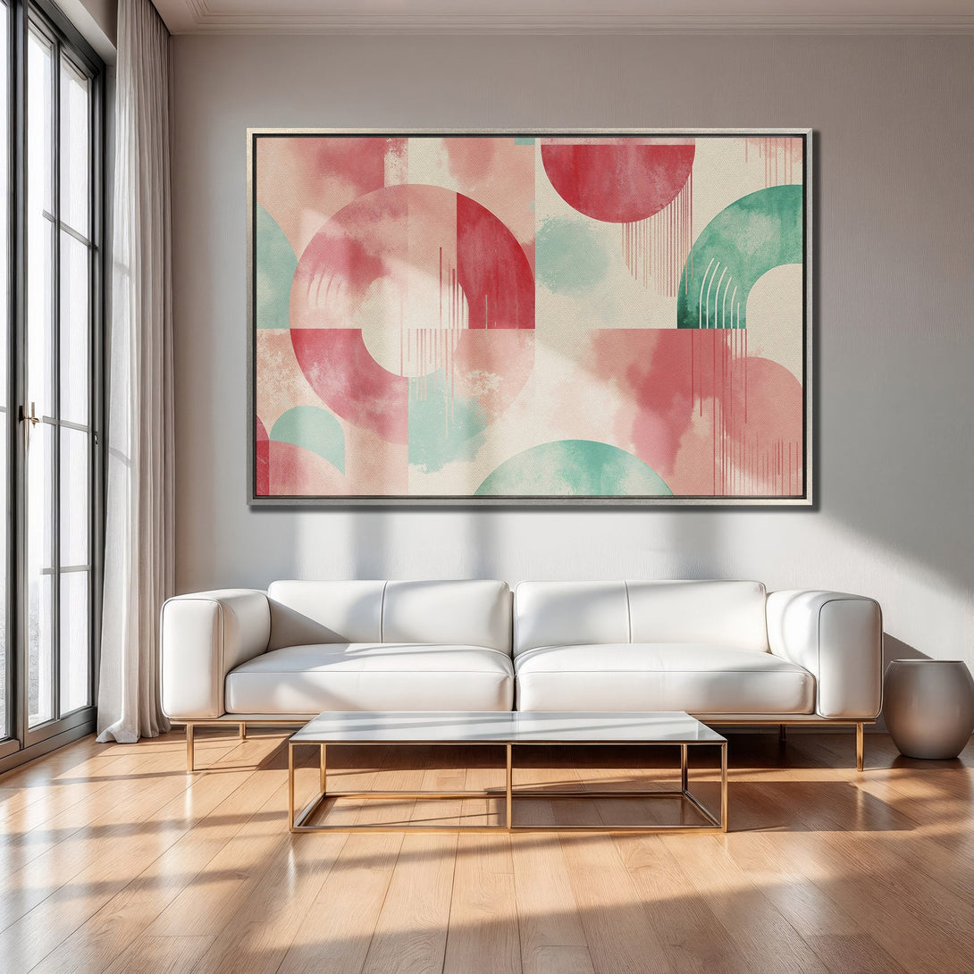 Framed Wall Art featuring abstract geometric shapes in a watercolor style, with a soft pink and teal color palette. Perfect for modern interiors.