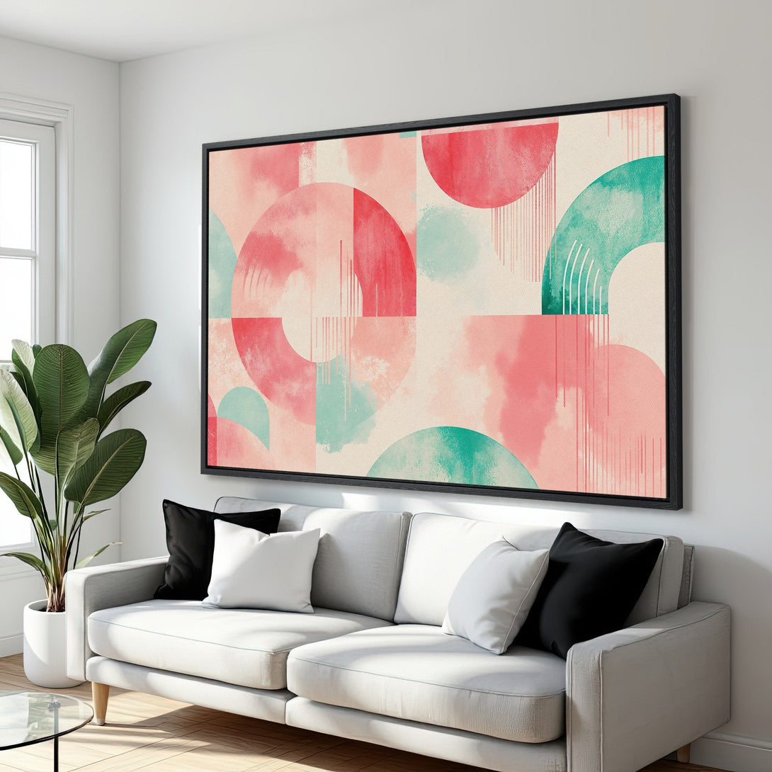 Framed Wall Art: Abstract geometric art in pink, teal, and beige. Modern style canvas print adds a pop of color to any living room. Shop now!