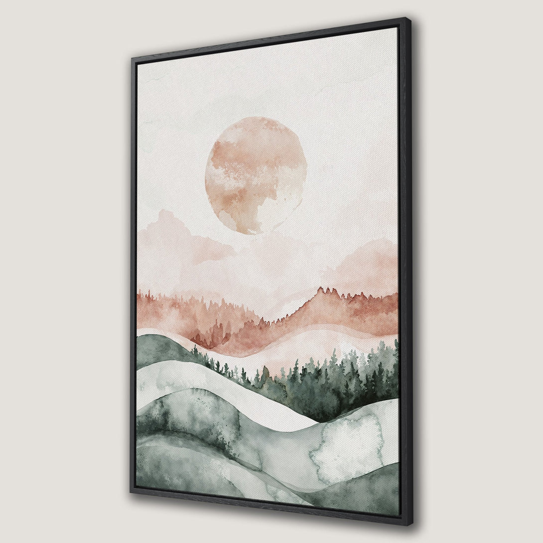 Framed Wall Art: Watercolor landscape with warm sunset colors. Earthy tones and minimalist style. Perfect for adding a touch of nature to your home decor.