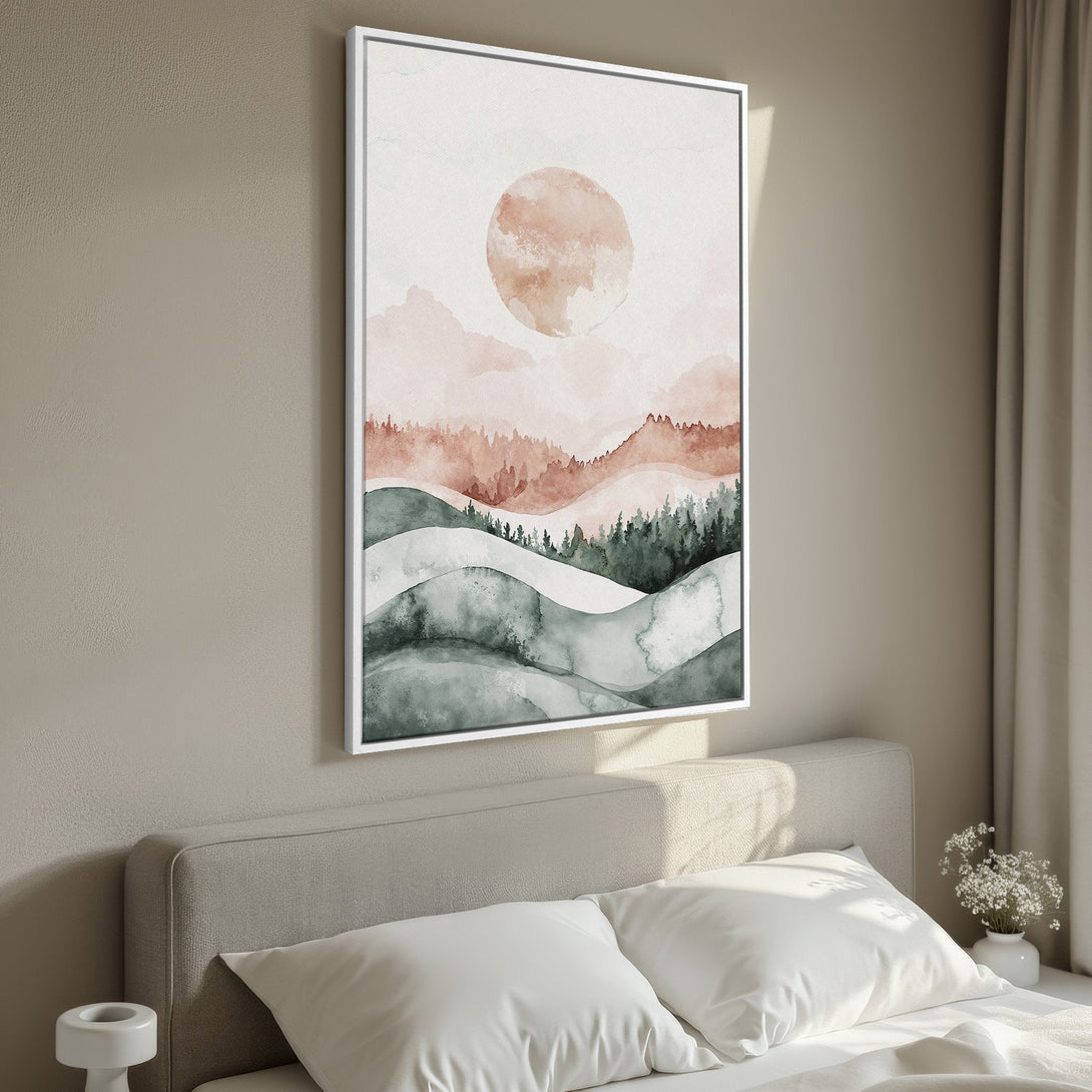 Framed Wall Art: Watercolor landscape print with a warm, earthy color palette. Adds a touch of nature and serenity to any bedroom decor. Shop now!