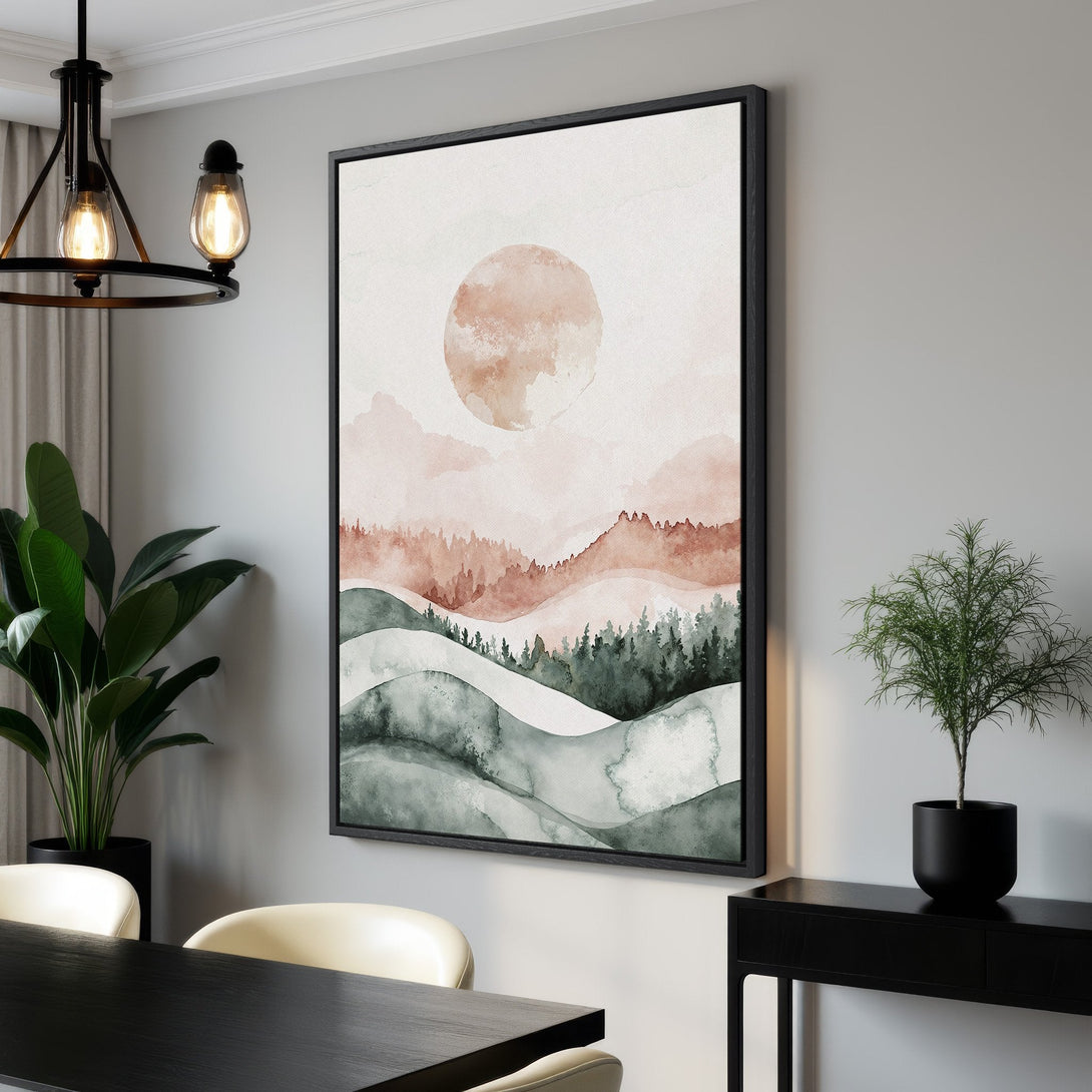 Framed Wall Art: Watercolor landscape Canvas Print in warm earth tones. Modern art for living room or dining room decor. Adds serene style.